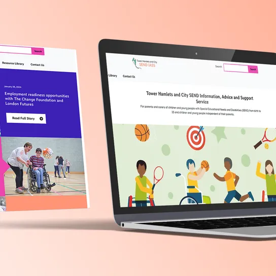 Colourful local authority website displays on a laptop with an internal page displaying either side of it